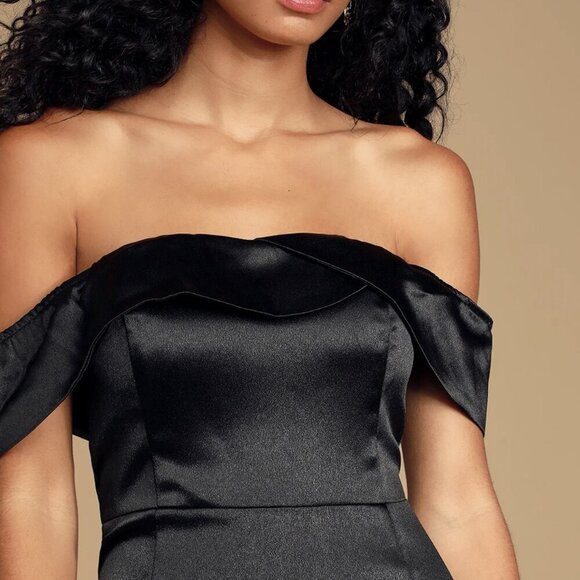 NWT Lulus Paparazzi Shot Black Satin Off-the-Shoulder Midi Dress - Picture 4 of 8